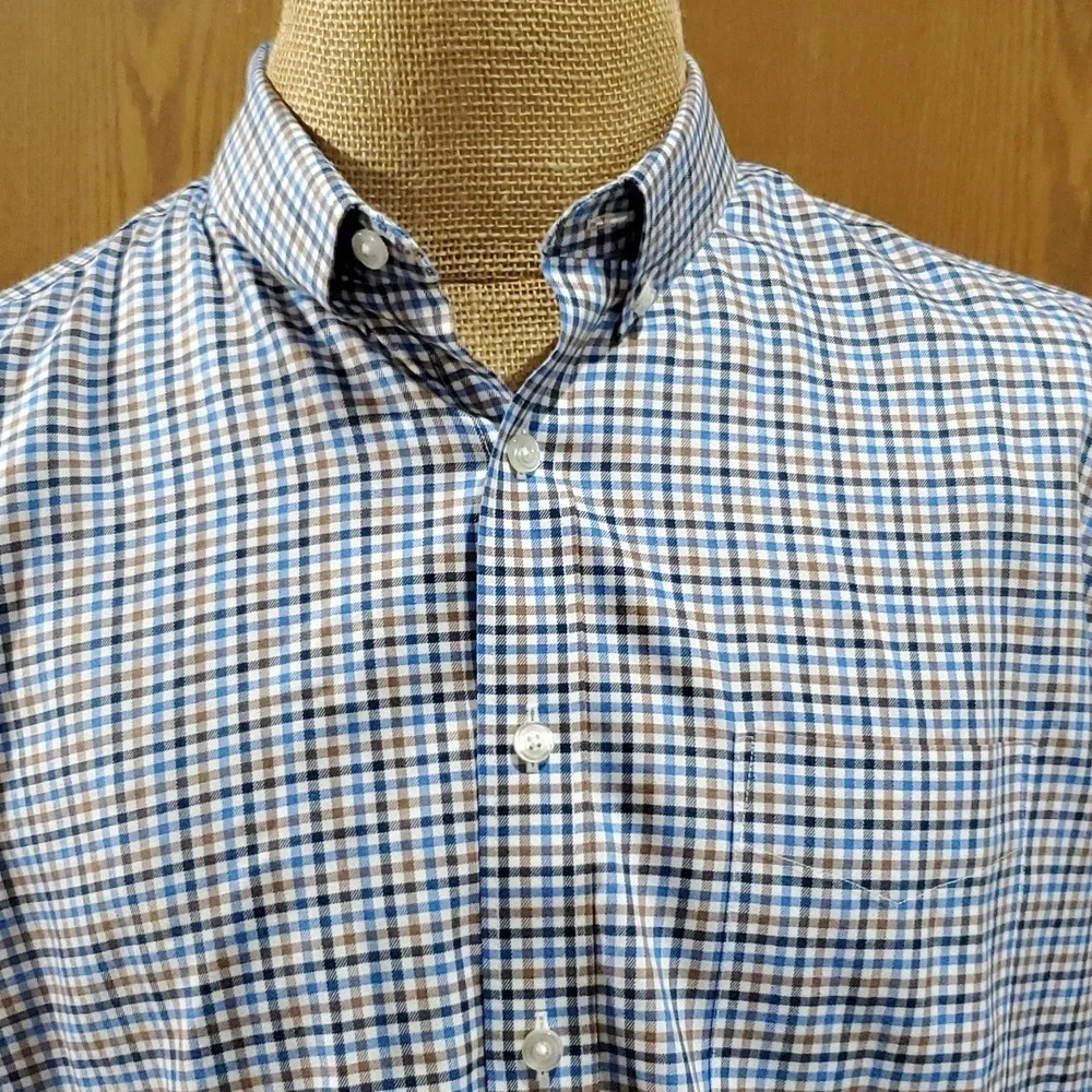 Untuckit blue tan plaid button down shirt cotton